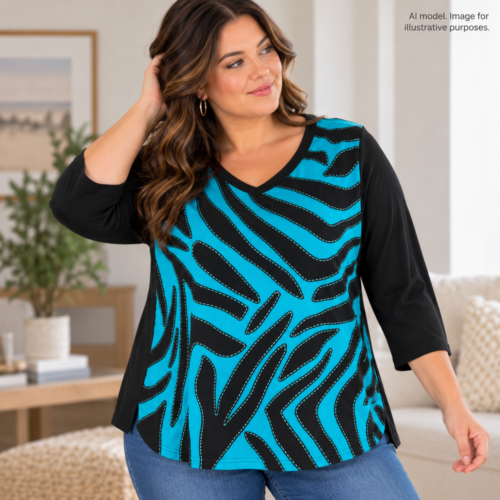 Susan Graver Shirt Womens XL Black Aqua Zebra Tribal Exposed Stitch Cotton Tunic